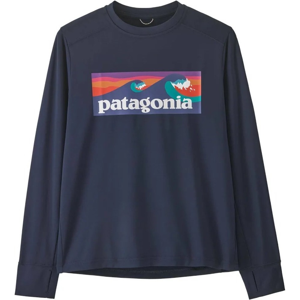 Patagonia Boys' Long-Sleeved Capilene Cool Daily T-Shirt Navy Wave Graphic Sz S
